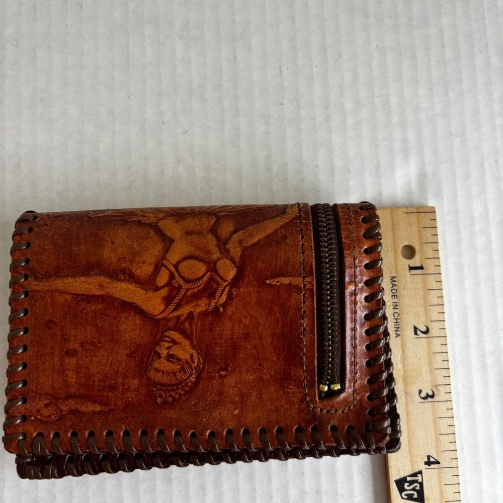 Vintage Hand‎ Tooled Leather Wallet Ballerina Dancer Whipstitched Brown Men's